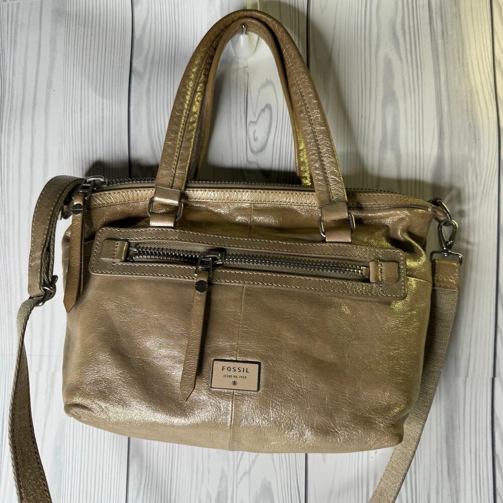 Vintage FOSSIL Gold Metallic Leather Shoulder Bag Purse Dawson Satchel